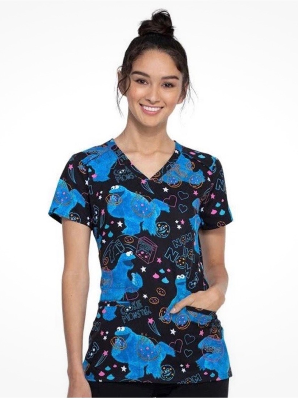 Cherokee Tooniforms Cookie Monster Late Night Munchies Scrub Top S Black